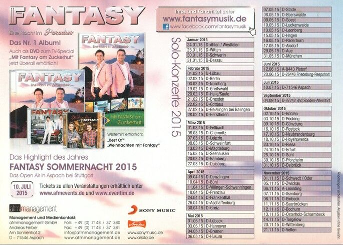 Autogramme Schlager | FANTASY | 2014 "Eine Nacht im Paradies" (Portrait Color Sony) TOUR