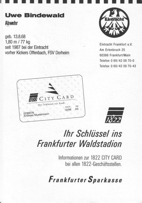 Autogramm Fussball | Eintracht Frankfurt | 1997 | Uwe BINDEWALD