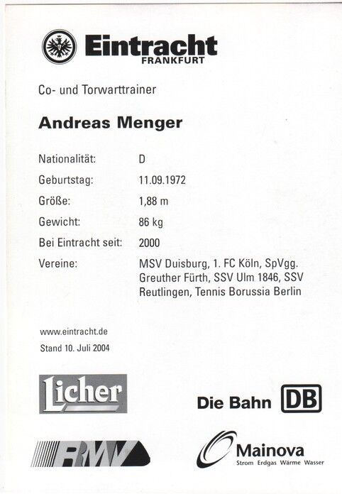 Autogramm Fussball | Eintracht Frankfurt | 2004 | Andreas MENGER