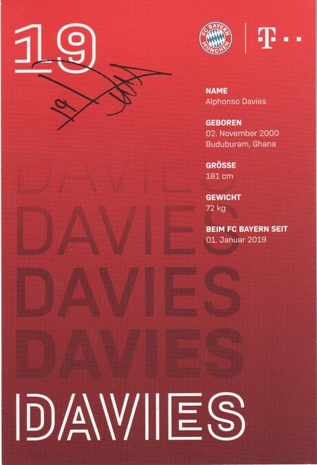 Autogramm Fussball | FC Bayern München | 2020 Druck | Alphonso DAVIES