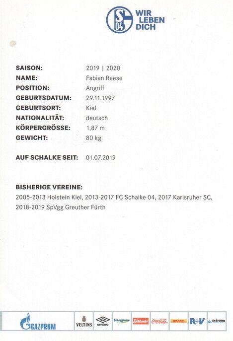 Autogramm Fussball | FC Schalke 04 | 2019 | Fabian REESE