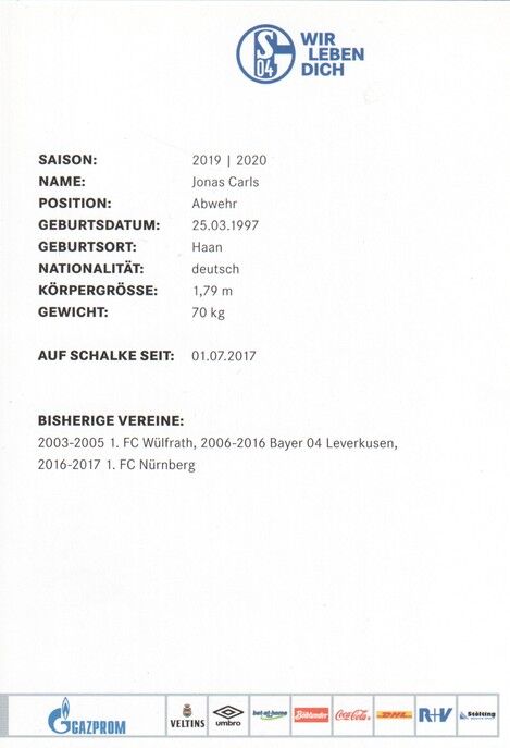 Autogramm Fussball | FC Schalke 04 | 2019 | Jonas CARLS