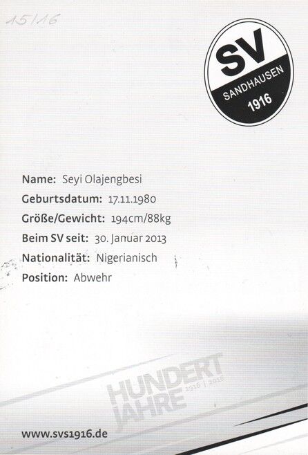 Autogramm Fussball | SV Sandhausen | 2015 | Seyi OLAJENGBESI