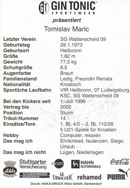 Autogramm Fussball | Stuttgarter Kickers | 1999 | Tomislav MARIC
