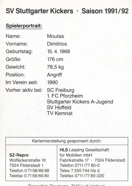 Autogramm Fussball | Stuttgarter Kickers | 1991 | Dimitrios MOUTAS