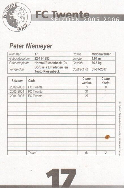 Autogramm Fussball | FC Twente | 2005 Druck | Peter NIEMEYER