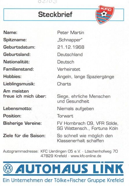 Autogramm Fussball | KFC Uerdingen 05 | 2002 | Peter MARTIN
