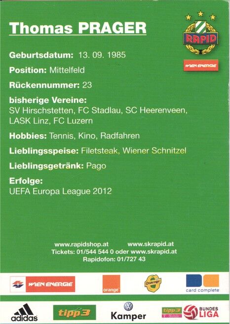 Autogramm Fussball | SK Rapid Wien | 2012 | Thomas PRAGER