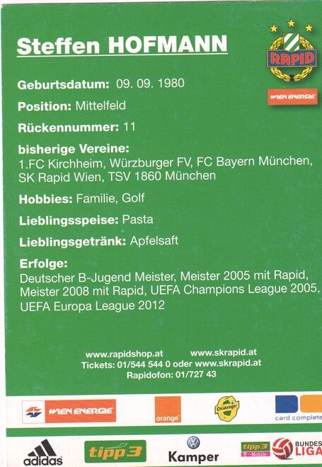 Autogramm Fussball | SK Rapid Wien | 2012 | Steffen HOFMANN