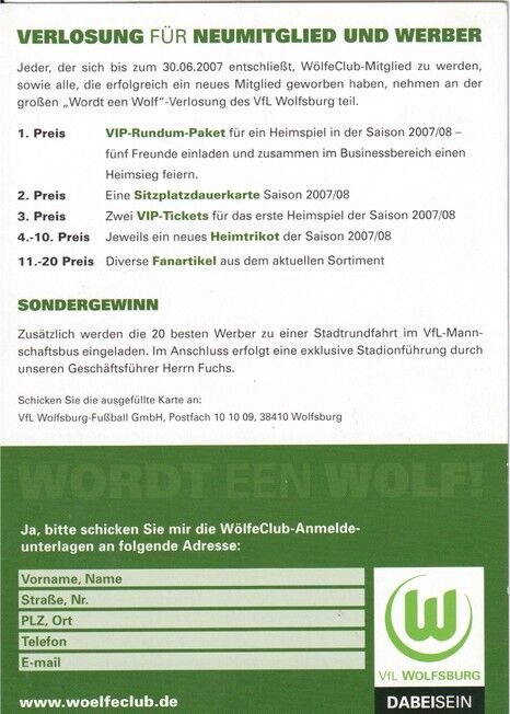 Autogramme Fussball | VfL Wolfsburg | 2007 | WORDT EEN WOLF + 2 AG