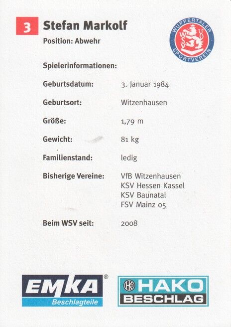 Autogramm Fussball | Wuppertaler SV | 2008 | Stefan MARKOLF