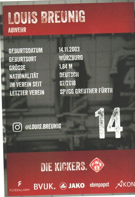 Autogramm Fussball | Würzburger Kickers | 2021 | Louis BREUNIG