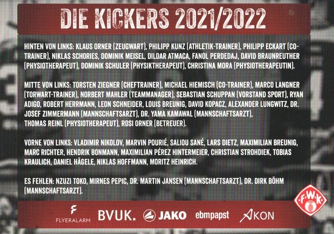 Mannschaftskarte Fussball | Würzburger Kickers | 2021