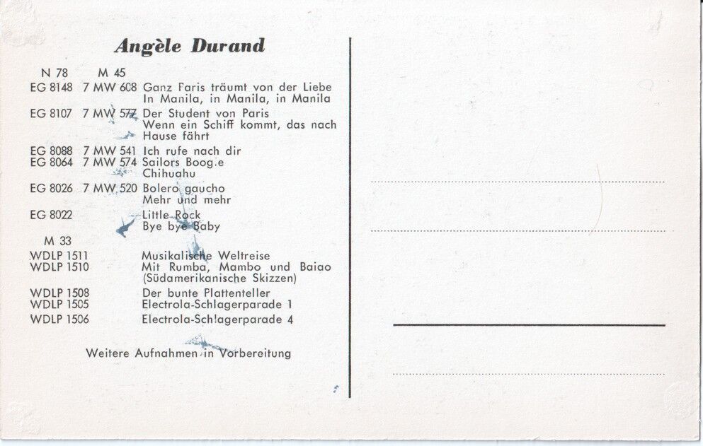 Autogramm Schlager | Angele DURAND | 1957 "Musikalische Weltreise" (Portrait SW Electrola)