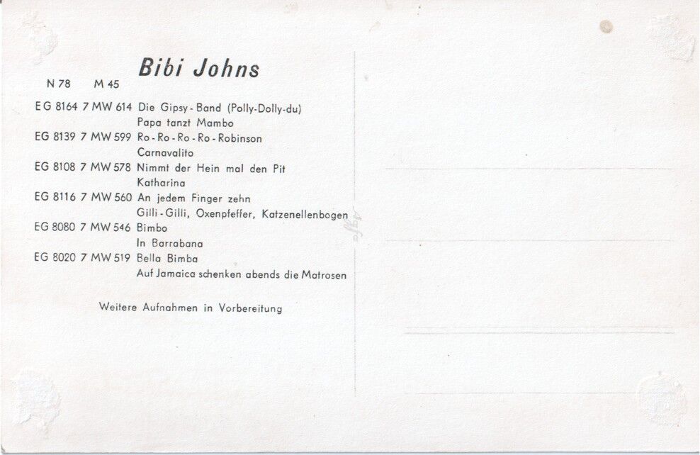 Autogramm Schlager | Bibi JOHNS | 1955 "Gipsy-Band" (Portrait SW Electrola)
