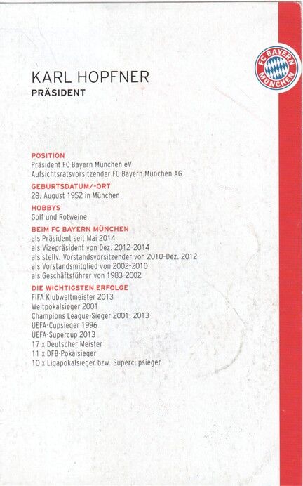 Autogramm Fussball | FC Bayern München | 2014 | Karl HOPFNER