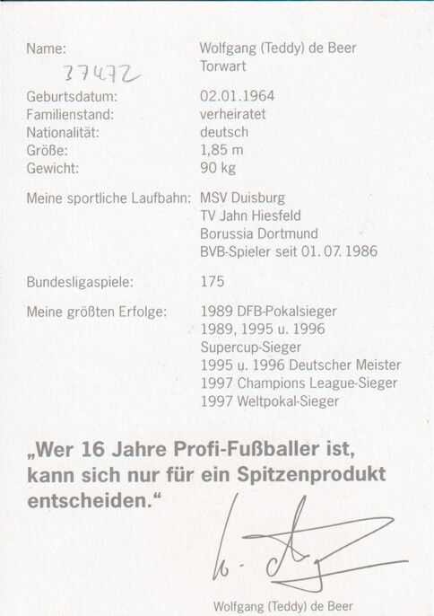 Autogramm Fussball | Borussia Dortmund | 2000er | Wolfgang DE BEER (Portrait Color Derbystar)
