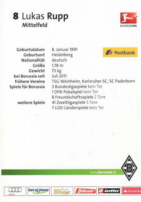 Autogramm Fussball | Borussia Mönchengladbach | 2012 | Lukas RUPP