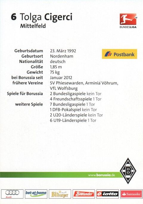 Autogramm Fussball | Borussia Mönchengladbach | 2012 | Tolga CIGERCI