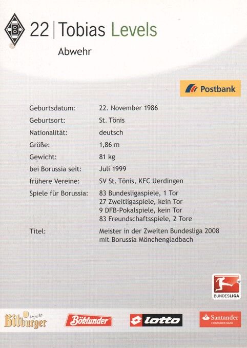 Autogramm Fussball | Borussia Mönchengladbach | 2011 | Tobias LEVELS