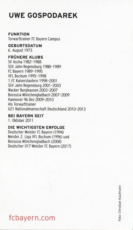Autogramm Fussball | FC Bayern München | 2017 | Uwe GOSPODAREK