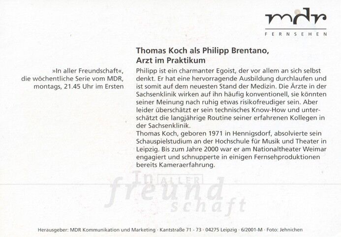 Autogramm TV | ARD | Thomas KOCH | 2001 "In Aller Freundschaft" (Portrait Color Jehnichen)