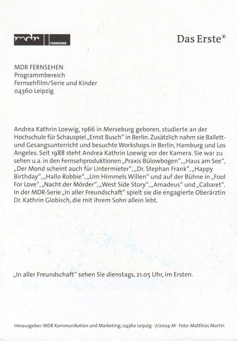 Autogramm TV | ARD | Andrea Kathrin LOEWIG | 2004 "In Aller Freundschaft" (Portrait Color Martin)