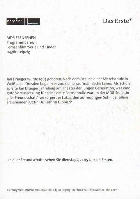 Autogramm TV | ARD | Jan DRAEGER | 2005 "In Aller Freundschaft" (Portrait Color Jehnichen)