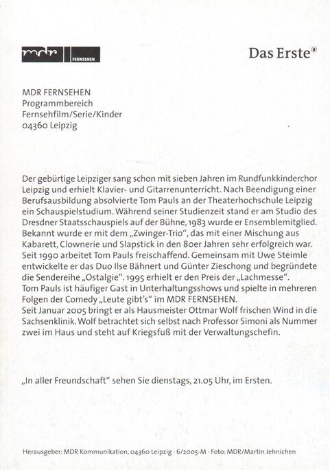 Autogramm TV | ARD | Tom PAULS | 2005 "In Aller Freundschaft" (Portrait Color Jehnichen)
