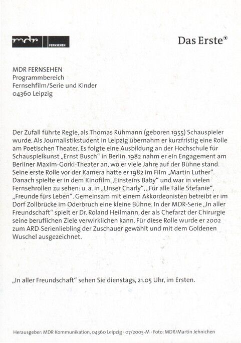Autogramm TV | ARD | Thomas RÜHMANN | 2005 "In Aller Freundschaft" (Portrait Color Jehnichen)