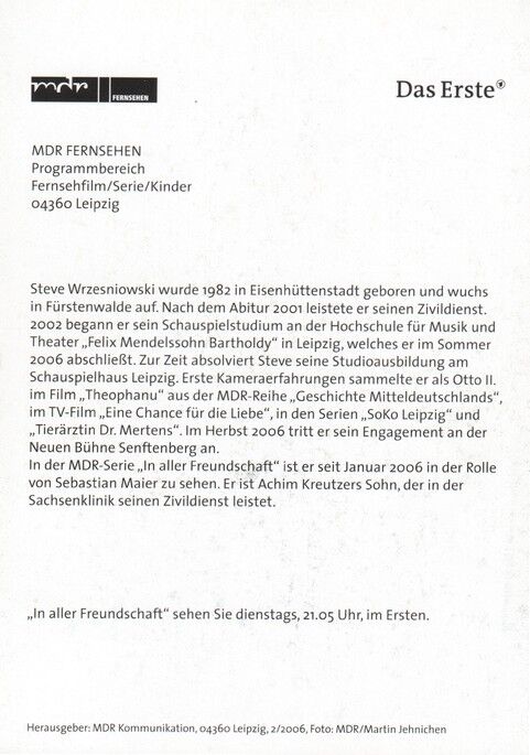 Autogramm TV | ARD | Steve WRZESNIOWSKI | 2006 "In Aller Freundschaft" (Portrait Color Jehnichen)
