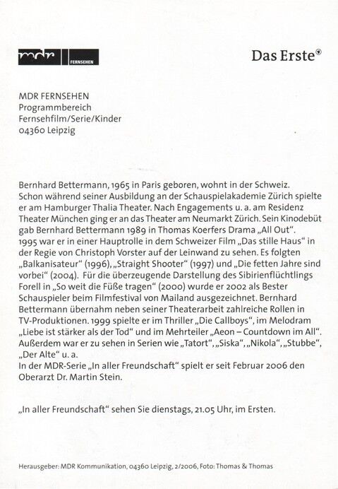 Autogramm TV | ARD | Bernhard BETTERMANN | 2006 "In Aller Freundschaft" (Portrait Color Thomas)