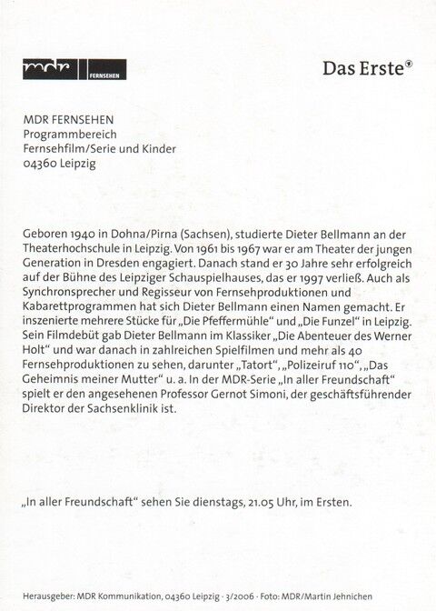 Autogramm TV | ARD | Dieter BELLMANN | 2006 "In Aller Freundschaft" (Portrait Color Jehnichen)