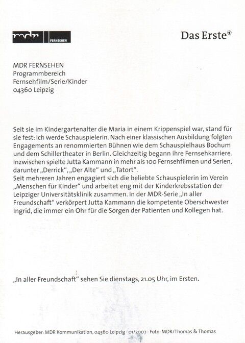 Autogramm TV | ARD | Jutta KAMMANN | 2007 "In Aller Freundschaft" (Portrait Color Thomas)