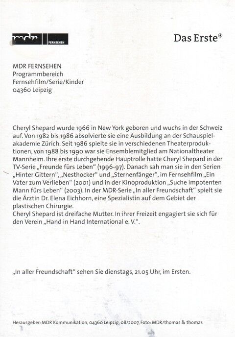 Autogramm TV | ARD | Cheryl SHEPARD | 2007 "In Aller Freundschaft" (Portrait Color Thomas)