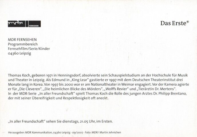 Autogramm TV | ARD | Thomas KOCH | 2007 "In Aller Freundschaft" (Portrait Color Jehnichen)