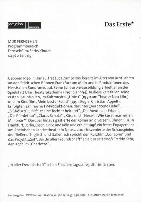 Autogramm TV | ARD | Luca ZAMPERONI | 2008 "In Aller Freundschaft" (Portrait Color Jehnichen)