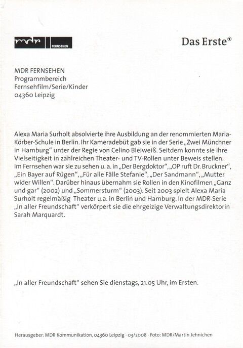 Autogramm TV | ARD | Alexa Maria SURHOLT | 2008 "In Aller Freundschaft" (Portrait Color Jehnichen)