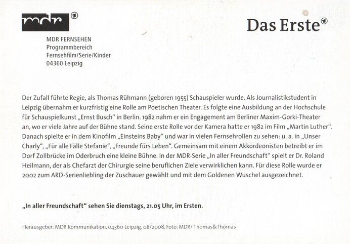 Autogramm TV | ARD | Thomas RÜHMANN | 2008 "In Aller Freundschaft" (Portrait Color Thomas)