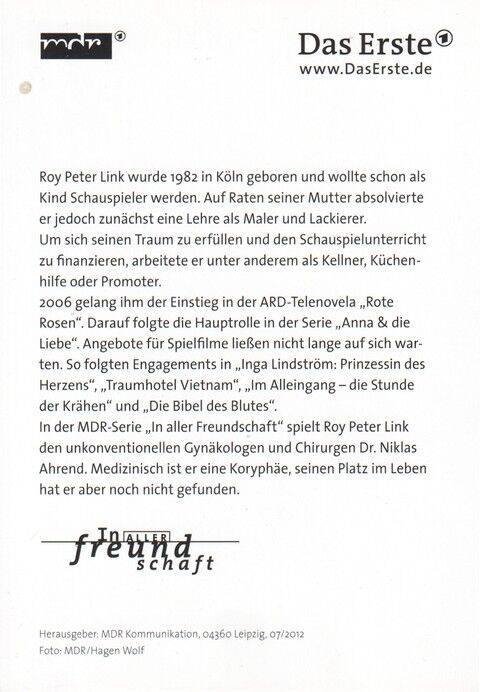 Autogramm TV | ARD | Roy Peter LINK | 2012 "In Aller Freundschaft" (Portrait Color Wolf)
