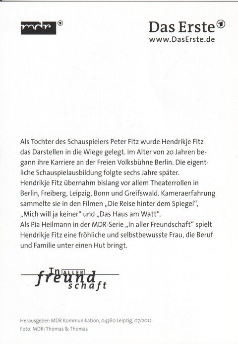 Autogramm TV | ARD | Hendrikje FITZ | 2002 "In Aller Freundschaft" (Portrait Color) Jehnichen