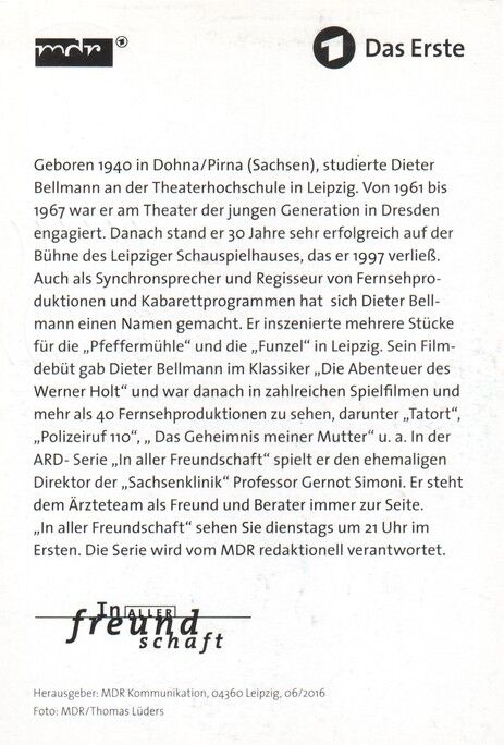 Autogramm TV | ARD | Dieter BELLMANN | 2016 "In Aller Freundschaft" (Portrait Color Lüders)