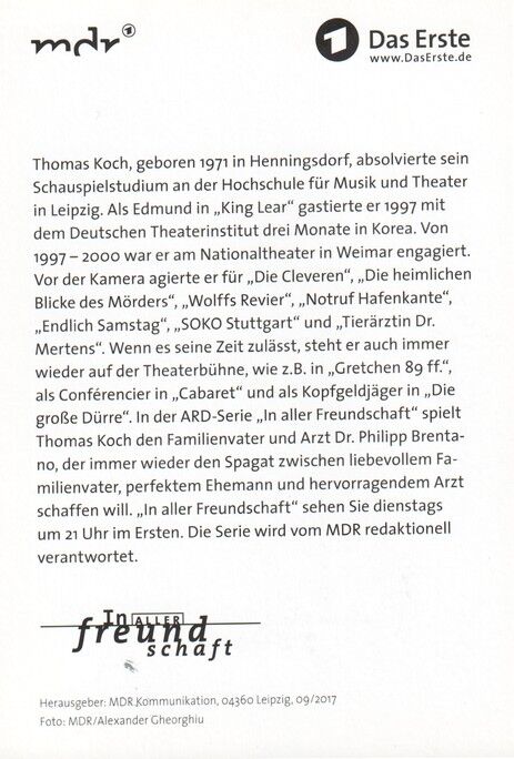 Autogramm TV | ARD | Thomas KOCH | 2017 "In Aller Freundschaft" (Portrait Color Gheorgiu)