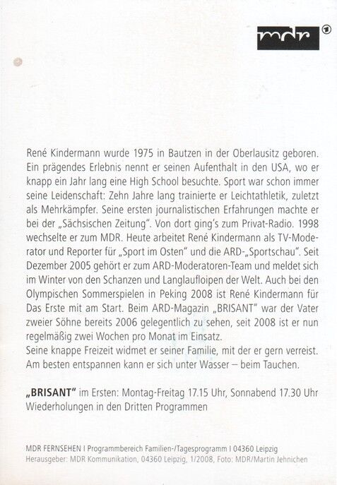 Autogramm TV | ARD | Rene KINDERMANN | 2008 "Brisant" (Portrait Color Jehnichen)