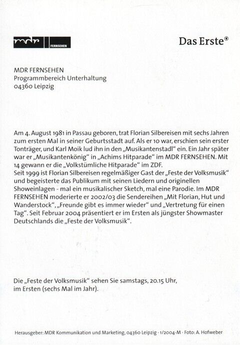 Autogramm TV | ARD | Florian SILBEREISEN | 2004 "Feste Der Volksmusik" (Portrait Color Hofweber)