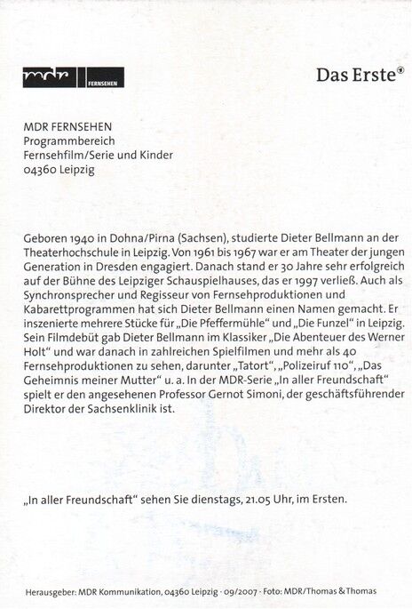 Autogramm TV | ARD | Dieter BELLMANN | 2007 "In Aller Freundschaft" (Portrait Color Thomas)