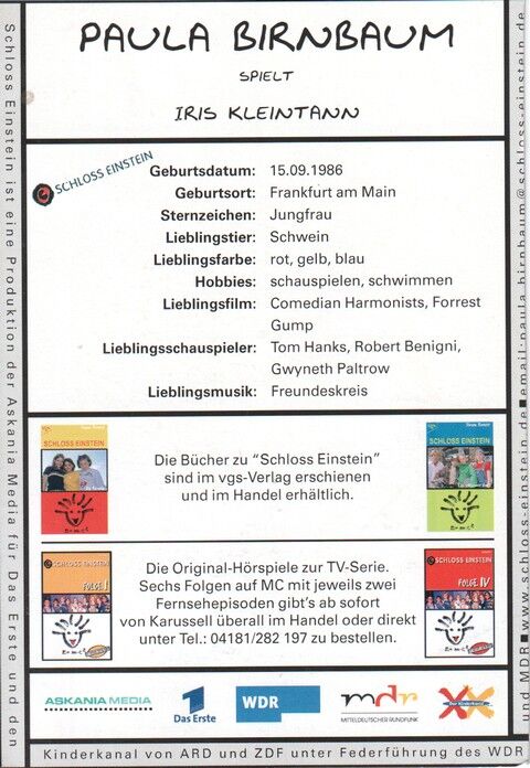 Autogramm TV | ARD | Paula BIRNBAUM | 2000er "Schloss Einstein" (Portrait Color)