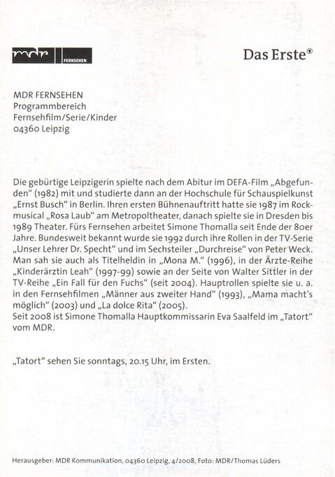 Autogramm TV | ARD | Simone THOMALLA | 2008 "Tatort" (Portrait Color Lüders)