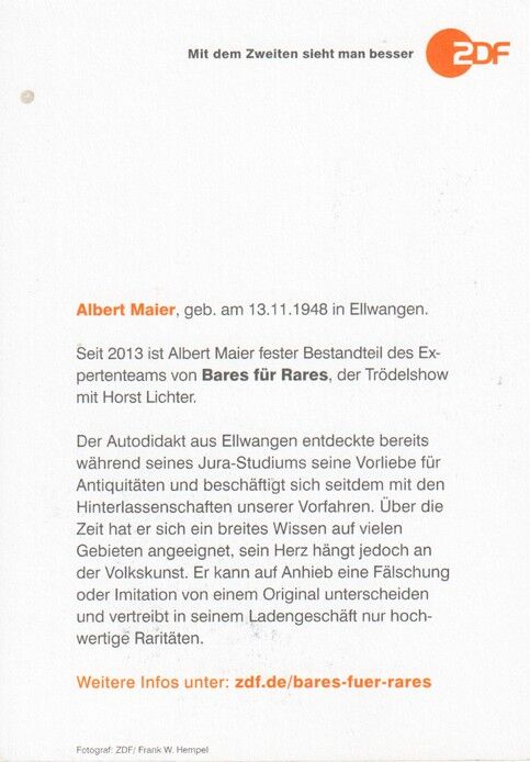Autogramm TV | ZDF | Albert MAIER | 2020er "Bares Für Rares" (Portrait Color Hempel)