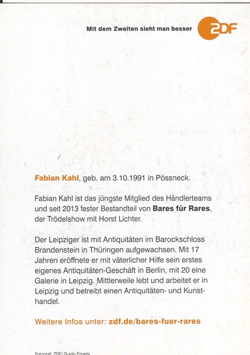 Autogramm TV | ZDF | Fabian KAHL | 2020er "Bares Für Rares" (Portrait Color Engels)